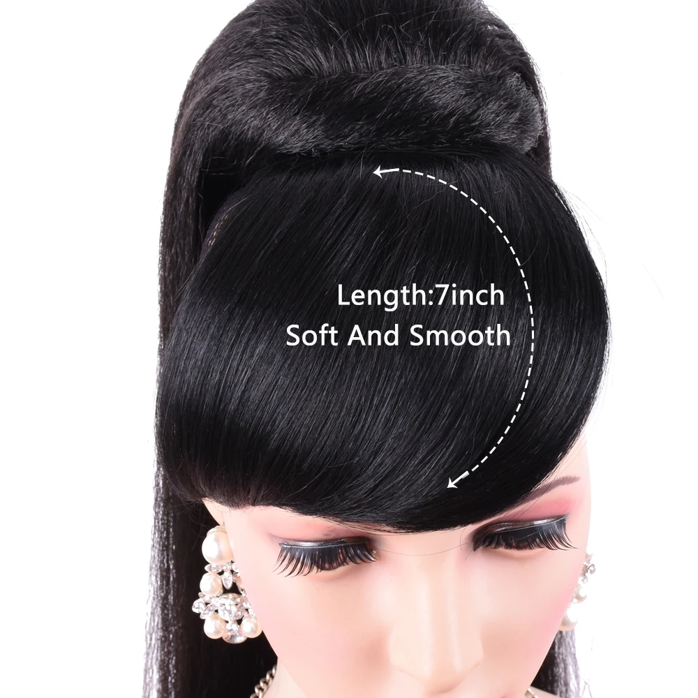 Long Kinky Straight Hair Ponytail With Bangs Fake Hair Bun And Bang Set Synthetic Pony Tail For Women Clip In Extensions