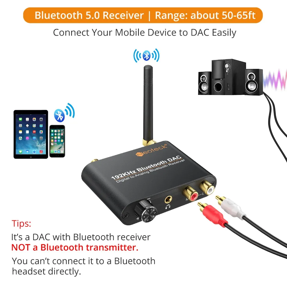 Neoteck ЦАП конвертер с Bluetooth 5,0 приемник регулятор громкости 192 кгц цифровой коаксиальный Toslink в аналоговый L/R RCA 3,5 мм аудио