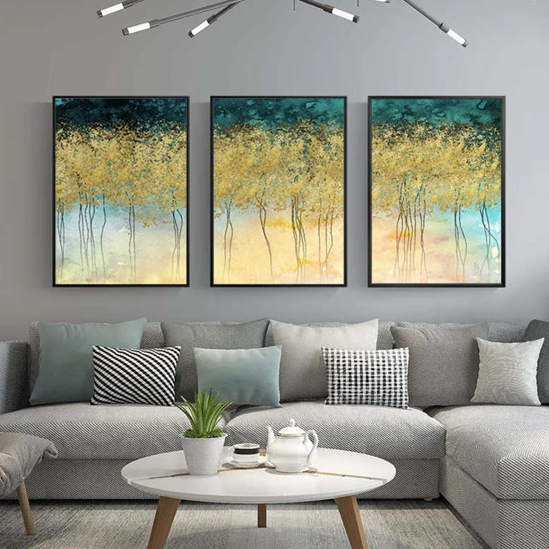 Настенные постеры и принты в скандинавском стиле с изображением золотого леса