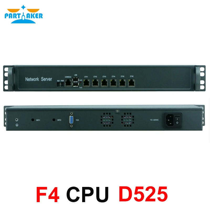 Partaker 1U 6 Gigabit LAN порты Мини ПК четырехъядерный процессор Intel Atom D525 pfsense серверный шкаф брандмауэр маршрутизатор 2 Гб оперативной памяти, 32 ГБ SSD