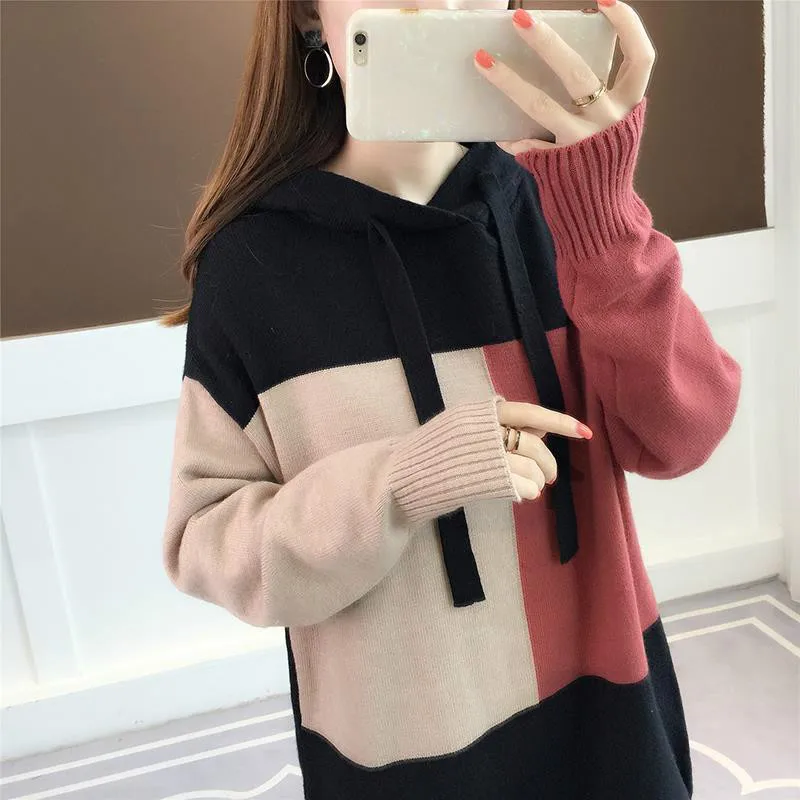 Neploe Pull Femme контрастный цвет женский зимний свитер длинный рукав с капюшоном Теплый трикотаж джемпер трикотажные топы пуловеры 55343