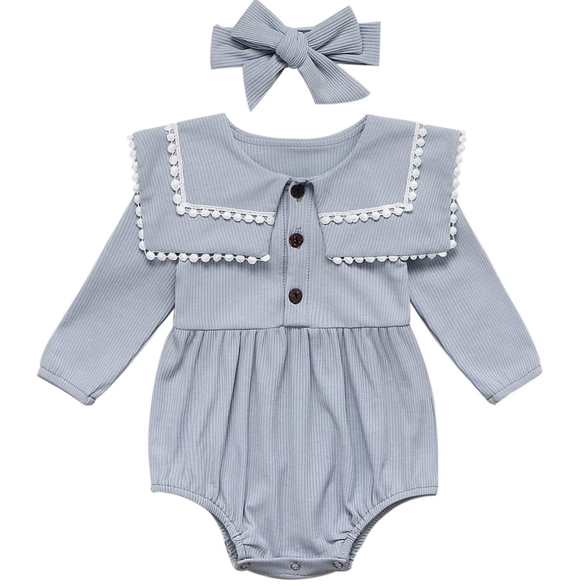 Синий Новинка года; Одежда для новорожденных девочек; сезон весна-Зима боди с длинными рукавами и воротником «Питер Пэн» Для малышей; комбинезон; комплект из 2 предметов - Цвет: Синий