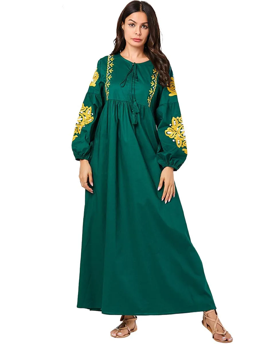 Женское мусульманское джинсовое платье с вышивкой Abaya голубое круглым вырезом и
