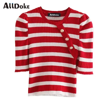 

ALLDOKE vintage striped button t shirt women summer o neck puff sleeve crop tops shirt casual ladies skinny blouses blusas