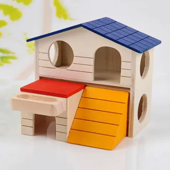 

Natural Wooden Folding Hamster Toy Cage Luxury Decoration Hamster Double-Decker House Golden Bear Small Pet Villa Type
