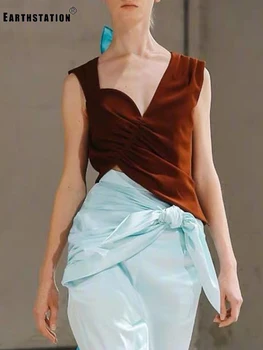

Free shipping irregular V-neck pleated Zou short paragraph leaky waist vest ladies summer new personality hem asymmetric