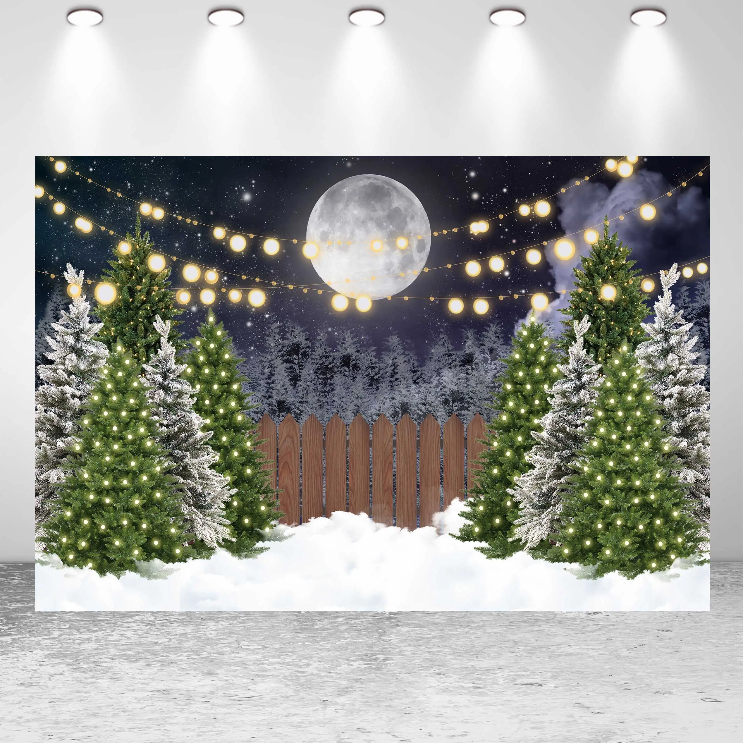 

NeoBack Merry Christmas Snowflake Star Glitter Fence Snowfield Christmas Tree Party Banner Photo Backdrop Photography Background
