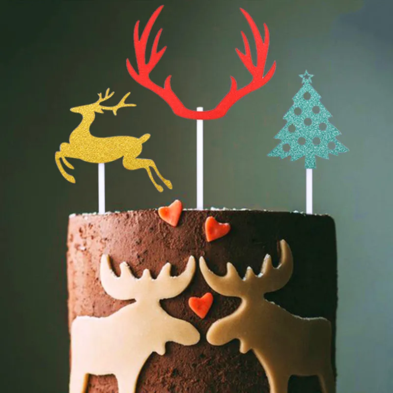 10pcs Merry Christmas Cake Topper Cute Elk Christmas Tree Snowman Paper Cupcake Toppers DIY Happy New Year Xmas Party Cake Decor