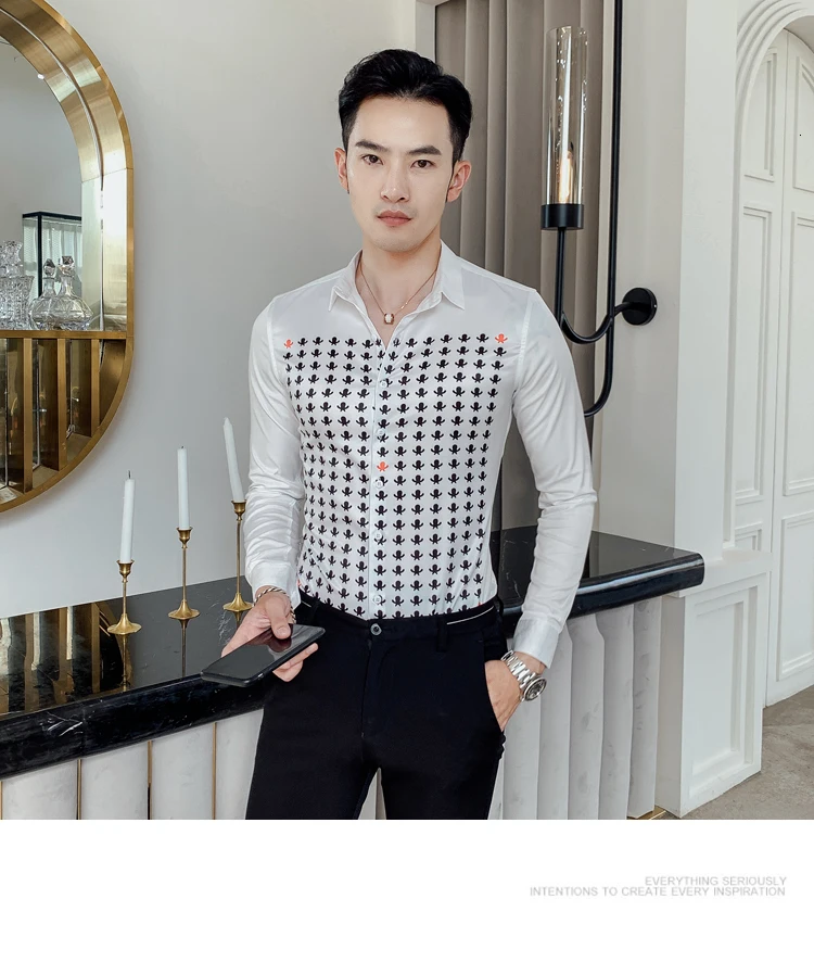 Новинка, мужская рубашка Camisa Masculina, осенняя мужская рубашка с индивидуальным принтом, рубашки с длинным рукавом для мужчин, роскошный смокинг для ночного клуба, Hombre