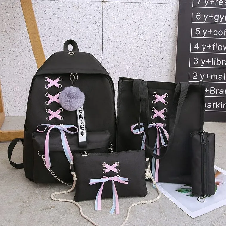 

2019 Girl School Bag for Teenage Solid Backpack College Wind Schoolbag Women High Student Bag Black Lace Bow Bundle Backpack