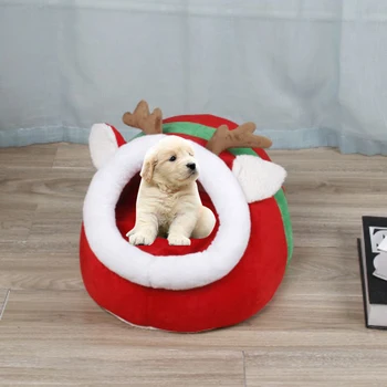 

Christmas Pet House Warm Puppy Bed With Removable Cushion Pad Kennel Kitten Nest Tent House For Dog Cat