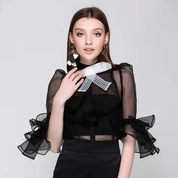 

2020 SS ladies elegant short ruffle sleeves shirts French style sexy transparent organza women blouse fashion shirts bowknot top