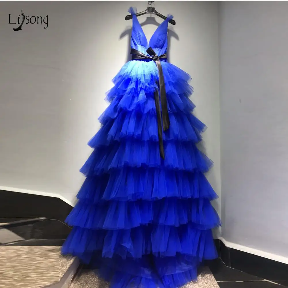 

Real Image Royal Blue Ruffles Tulle Prom Dresses 2019 Puffy A-line Tutu Prom Gowns Sexy Backless Formal Dresses With Bow