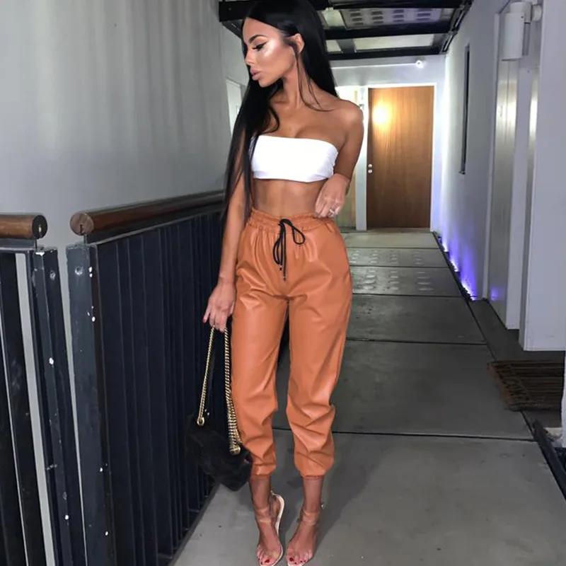 

BKLD Soild Pu Leather High Waist Pants For Women Streetwear Harem Lace Up Pants Casual Stretch Women Leather Long Loose Trousers