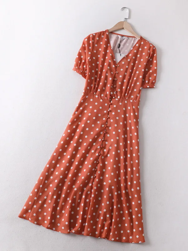 

A Generation of Mid-length fu gu qun High-waisted V-neck Polka Dot Chiffon Dress Women's Entity