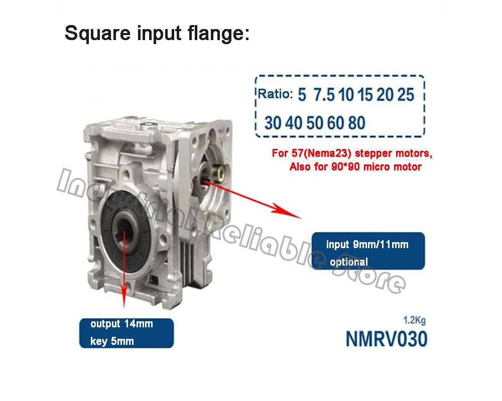NMRV030 57mm Worm gear reducer Reduction ratio 30:1 for NEMA23 stepper motor 9mm 11mm input shaft diameter 14mm output shaft