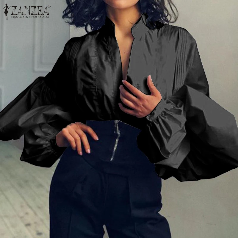 

Plus Size Tunic Women's Puff Sleeve Blouse 2020 ZANZEA Elegant V Neck Tops Casual Button Down Shirts Female Pleated Work Blusas