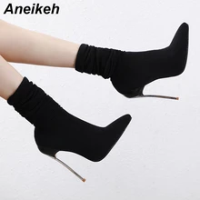 Aneikeh/ г. Лаконичные модные женские сапоги с острым носком на высоком тонком каблуке танцевальные ботильоны без шнуровки «Челси» черного цвета, размеры 35-42