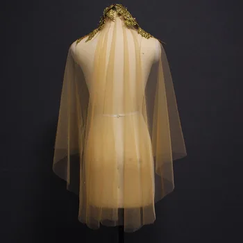

Short One Layer Gold Wedding Veil WITHOUT Comb Luxury Appliques with Beads Stone Cover Face Bridal Veil Bride Accessories