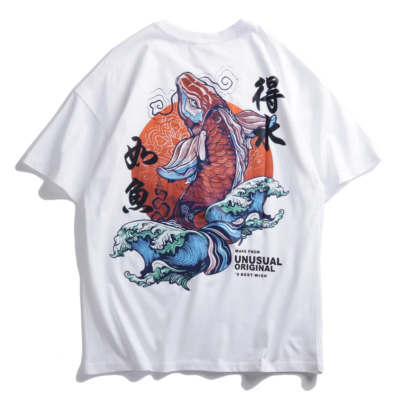 Мужская футболка в стиле хип-хоп Уличная футболка в стиле ретро с китайским персонажем белые топы футболки с принтом рыбы Koi летняя футболка из хлопка в стиле Харадзюку