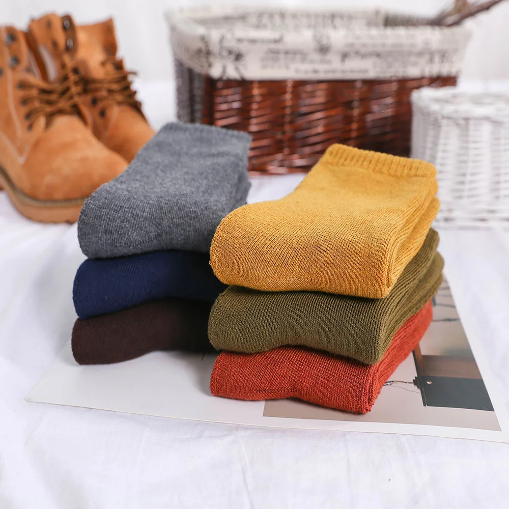 

Winter men's color thickening warm high quality fashion casual wool socks Harajuku retro solid color men's cotton socks