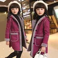 Children's Autumn Pure color Girls'Jacket kids clothes Hooded Casual 3-14 years woolen coat Collar Thick Outerwears 258 - Цвет: Фиолетовый