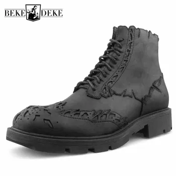 

British Style Boots Men Luxury Cow Leather Lace-Up Bullock Ankle Shoes Fashion 2019 Winter Punk Motorcycle Platform Black Boots