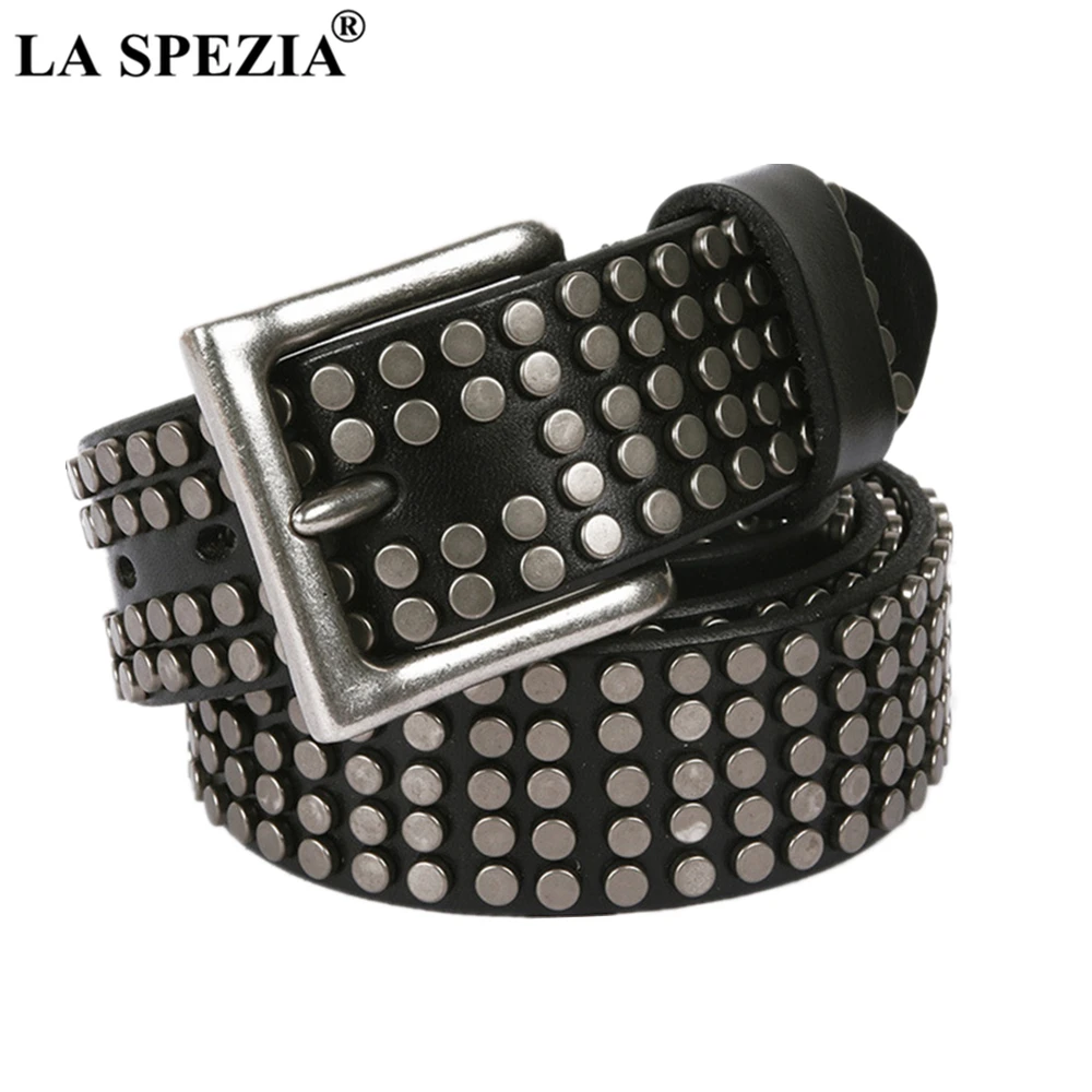 LA SPEZIA cinturones de cuero Rock para y mujer, remaches Punk, hebilla de piel de vaca auténtica, accesorios negros y blancos| Cinturones de hombre|