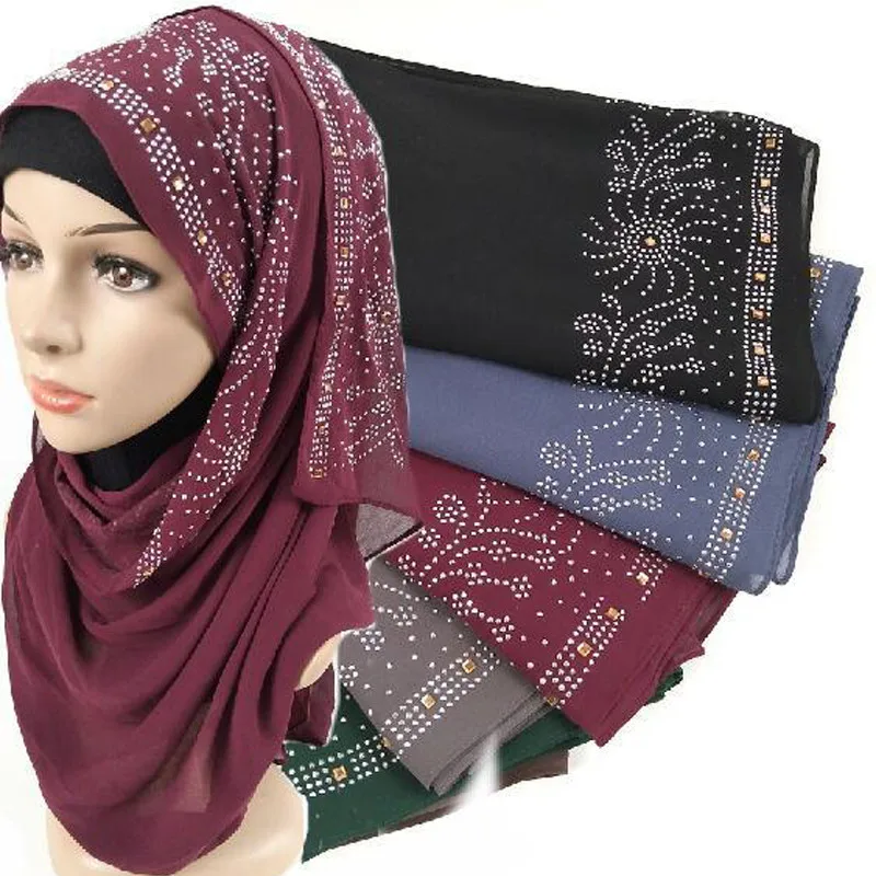 

180*75cm solid color muslim chiffon hijab with drill head scarves for ladies Islamic shawl hijabs foulard arab wrap turban scarf