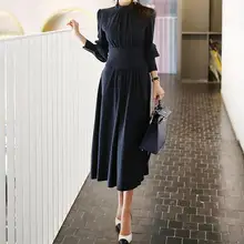 Осеннее офисное женское платье, винтажное элегантное рабочая одежда, стоячий воротник, длинный Пышный рукав, темно-синее платье миди AE707