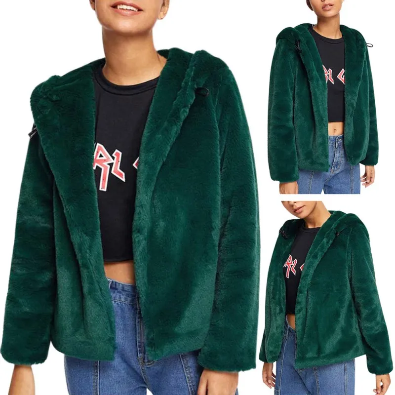 

2019 Women Autumn Winter Warm Temperament Loose Hooded Plush Fur Solid Color Long Sleeve Jacket Versatile Coat