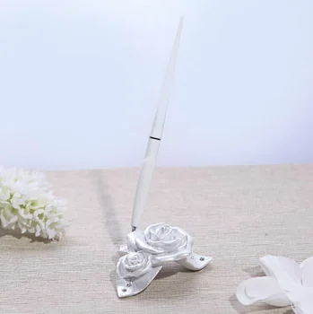 

White Color Rose Flower Wedding Party Pen Holder Fairytale Theme With Rhinestone