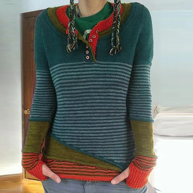 Вязаный свитер для женщин, повседневные Лоскутные Топы с длинными рукавами, пуловер, новая мода, в полоску, Осень-зима, женские свитера, джемпер