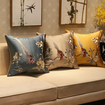 

Modern Chinese Style Embroidered Flowers and Birds Sofa Bedroom Pillow Cushion Cover Chinese-style Lumbar Support Pillow Back Cu