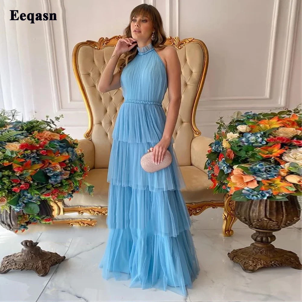 

Eeqasn, небесно-голубая многоярусная юбка, тюлевые вечерние женские платья для пляжа и выпускного вечера, женское длинное вечернее платье для ...
