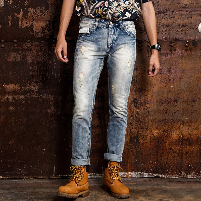 

Italian Style Fashion Men Jeans Light Blue Slim Fit Ripped Jeans Men Embroidery Patches Denim Pants Designer Hip Hop Jeans Homme