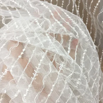 

Luxury 3D Beaded wedding stripe tulle lace fabric in off white, clear sequin bridal gown prom dress fabric by yard 140cm wide