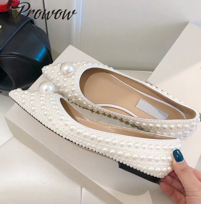 

Prowow New Genuine Leather Sexy Pointed Te Slip On Loafers Comfortable Flats Shoes Women Pearl Beadinbg Dress Shoes