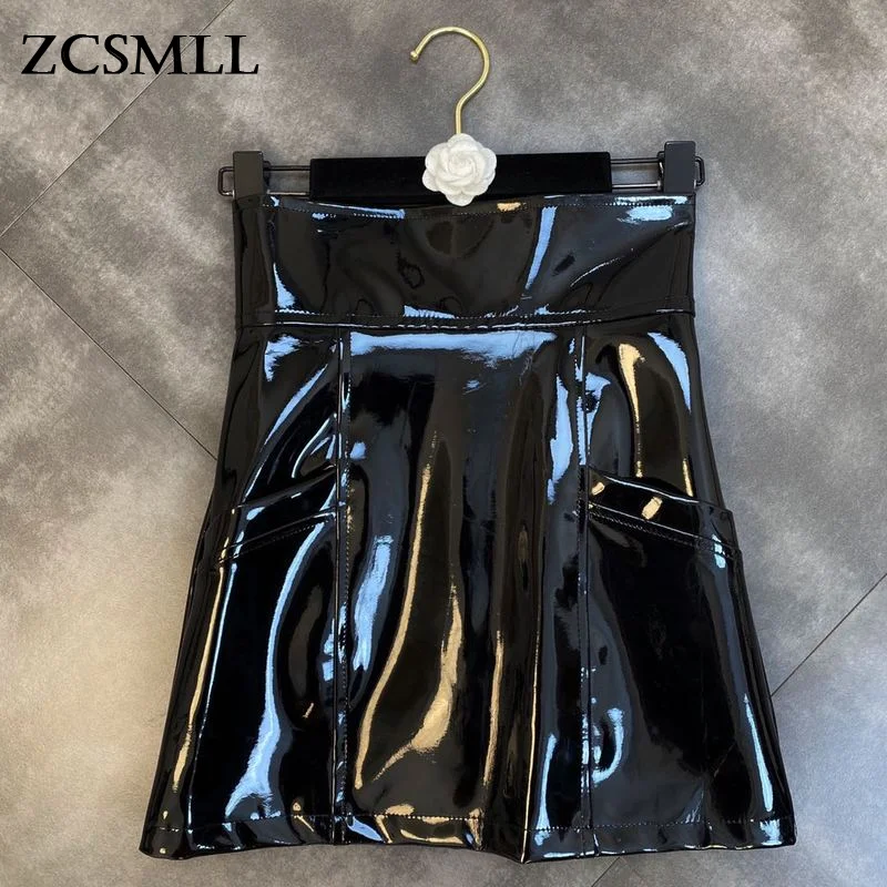 

ZCSMLL 2021 весенне-осенняя винтажная модная юбка из лакированной кожи с карманами и блестящим лицом