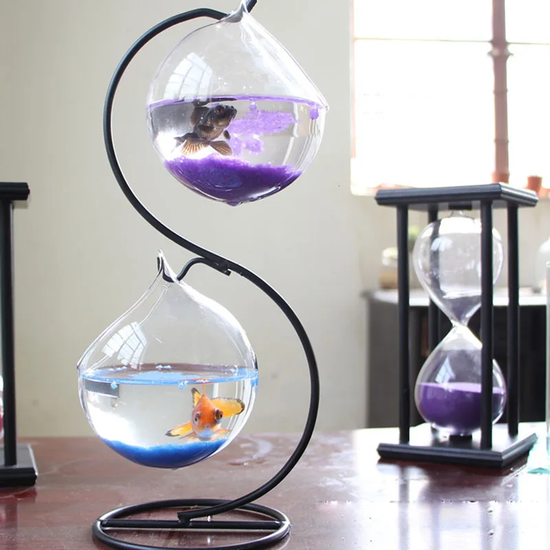 Настольная подвесная стеклянная аквариумная мини-трава, веселая Рыбка, прозрачная цилиндрическая миска для рыб, железный держатель для аквариума, аксессуары для аквариума, цветок - Цвет: 3