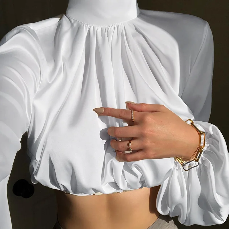 

2020 Turtleneck Satin Top with Navel Shirt Women Solid Color Temperament Lantern Sleeves Sexy Open Waist Short Slim T-shirt