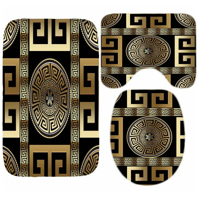 Luxury Black Gold Greek Key Meander Border Bath Rug Set Modern