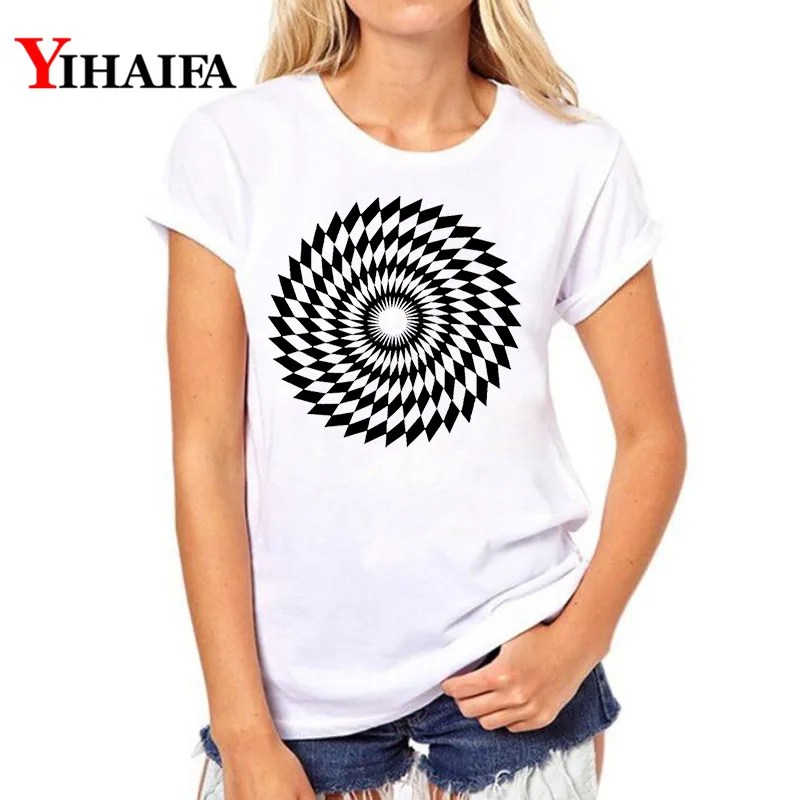 

YIHAIFA Women New gym blusa T-shirt Black Hypnotic Swirl Print Graphics Tee Casual White T Shirts Pullover Tops