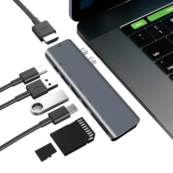 

Multi-function 7 in2 Dual USB C HUB type-c docking station for MacBook Pro / Air to HDMI/TF/SD Docking station