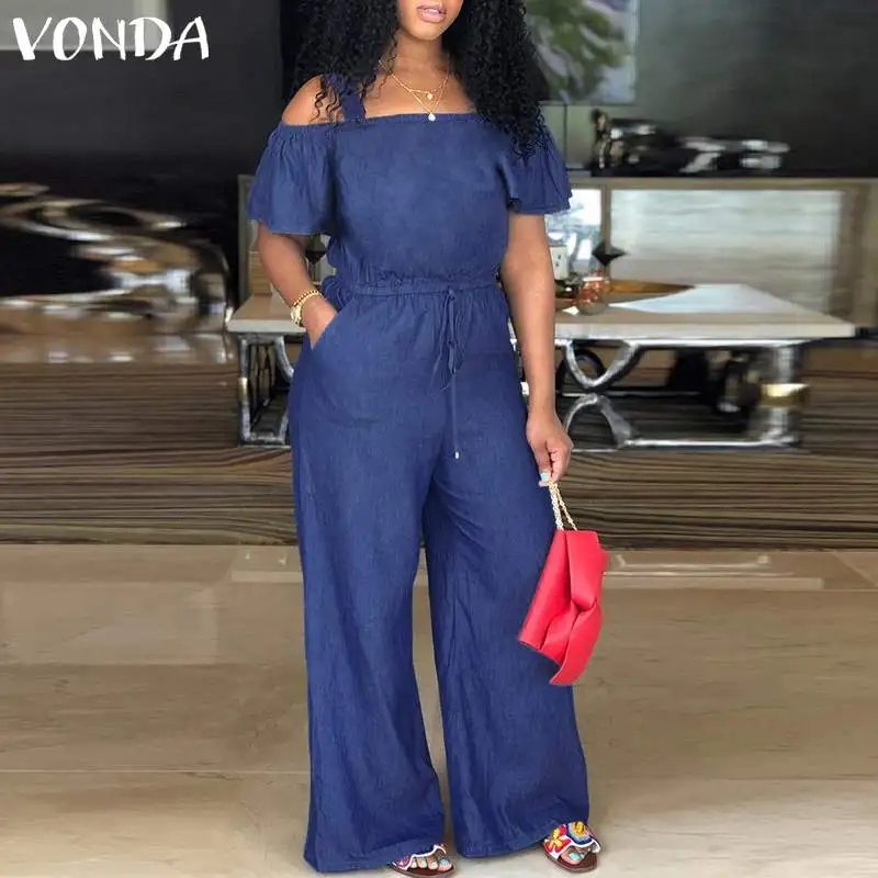 

VONDA Plus Size Demin Wide Leg Pants 2019 Summer Romper Women Jumpsuit Off Shoulder Ruffles Playsuits Casual Loose Overalls