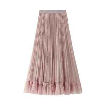 

Pretty Women Ladies Long Skirt WF0061 Black Pink Grey jupe femme Spring Summer Pleated Tulle Skirt Womens Clothes