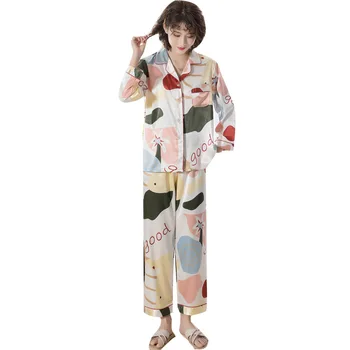 

Pajamas Women's Spring Summer Models Imitation Silk Pajamas Long-sleeved Two-piece Polyester Fabric V-neck Home Service Sleep