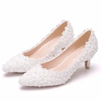 

Women Beige Purple White 8 Color Lace Flower Wedding Shoes Bride Bridesmaid Auto Show Model Ball Pointed Shoes Plus Size 42 43