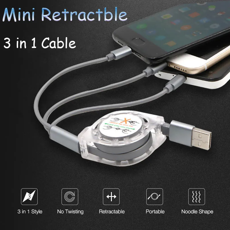 Мини 3 в 1 USB кабель Портативный Выдвижной Micro usb type C провод зарядки складной зарядный кабель для iPhone samsung Xiaomi huawei