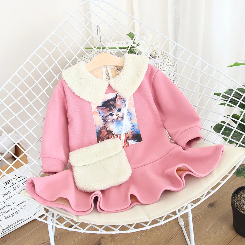 Милые зимние утепленные платья с длинными рукавами для девочек; Теплое повседневное платье с принтом кота для маленьких девочек; отправка сумки; Прямая поставка